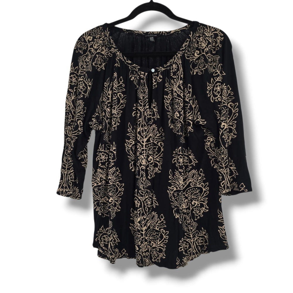 Lucky‎ Brand Womens 1X Black Tan Floral Damask Keyhole 3/4 Sleeve Viscose Blouse